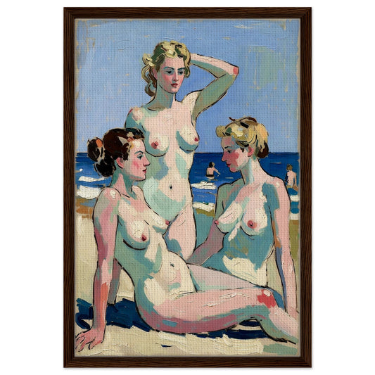 Vintage framed canvas of an afternoon shore with three bathers at the water's edge, dark wood frame