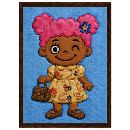 Pink Pigtails Framed Canvas Quilted-Style Kawaii-Style - Pop Art
