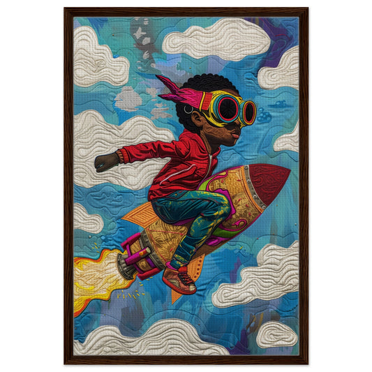 Rocket Dreams quilt-inspired framed canvas with Black astronaut, rocket, quilt-like clouds, Afrofuturist, black wood frame