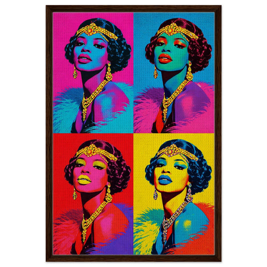 Jazz Age icon framed canvas, 2x2 pop-art grid flapper portrait in Art Deco style with halftone texture and dark wood frame