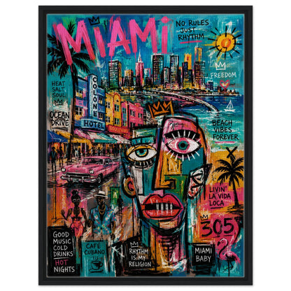 Miami Rhythm 305 Framed Canvas Neon-Graffiti Urban-Pop - Neo-Pop Style