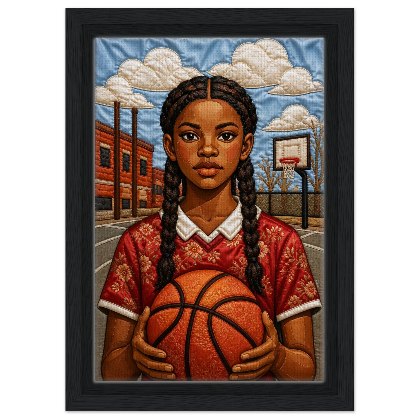 Museum-quality matte poster of quilt-inspired Black girl basketball