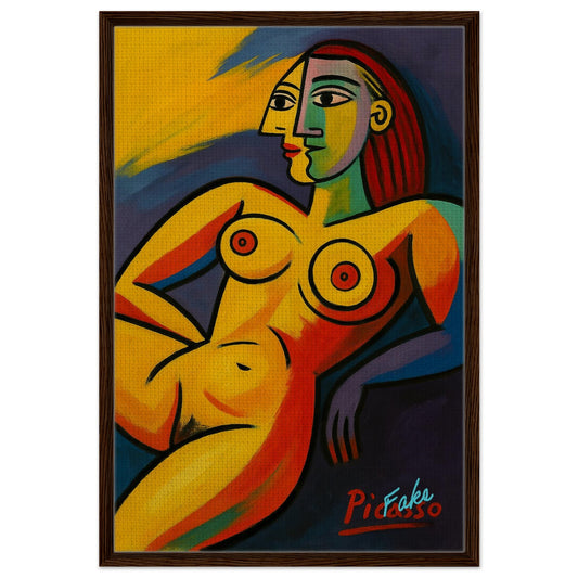 Picasso-inspired modern reclining nude, cubist framed canvas with bold black contours in a dark wood frame.