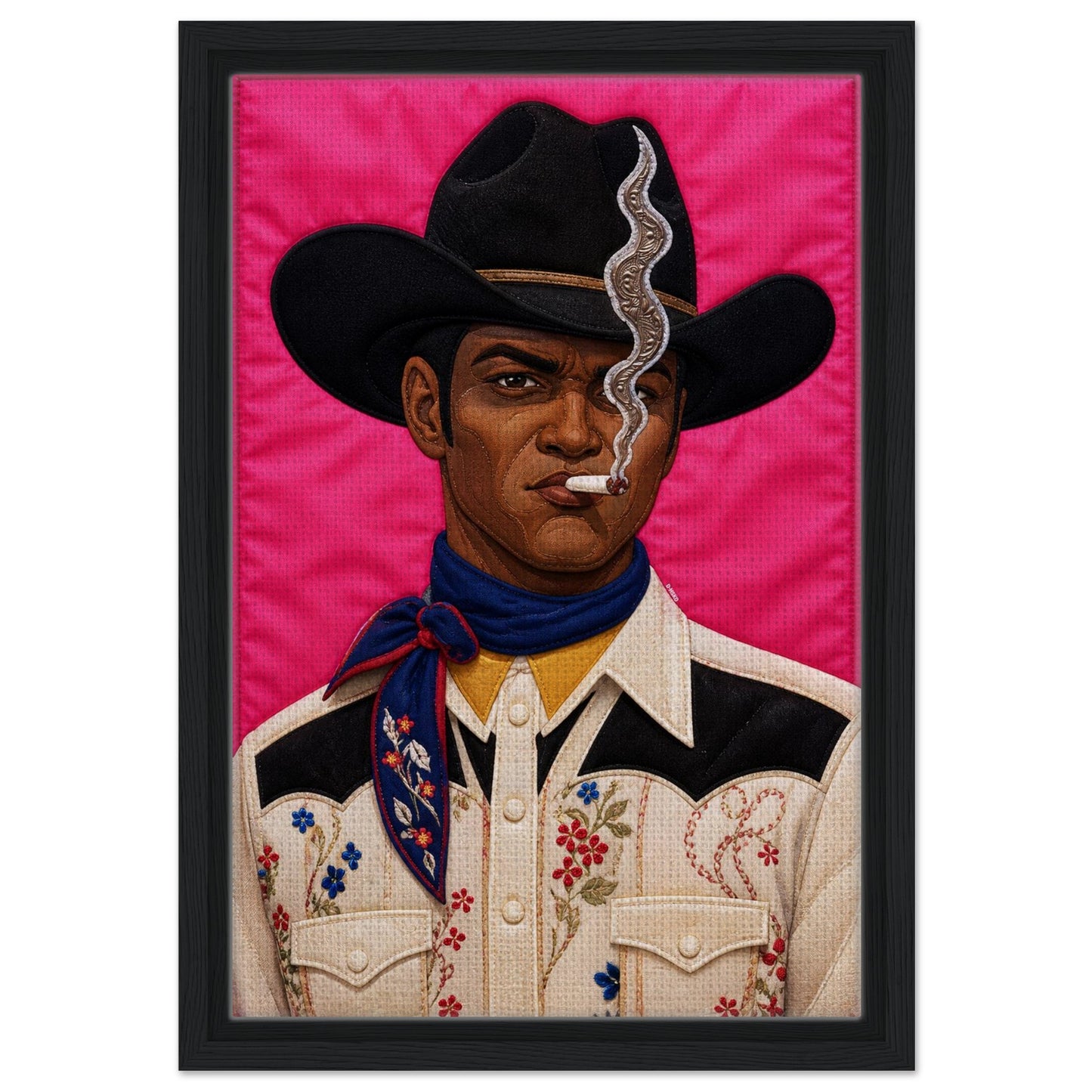Pink Outlaw Cowboy Framed Canvas Quilt-Inspired Western Portrait