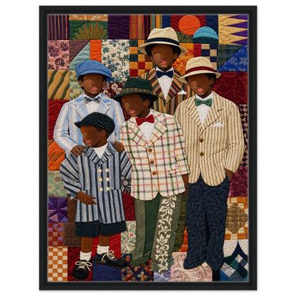 Framed Canvas, Dapper Brothers Black Boys Wall Art, Quilted-Style Vintage canvas