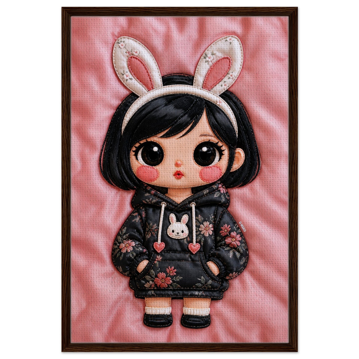 Kawaii anime-inspired bunny portrait on cotton-poly canvas with a quilted-style look in a dark wood frame, vertical format