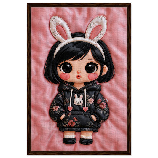 Kawaii anime-inspired bunny portrait on cotton-poly canvas with a quilted-style look in a dark wood frame, vertical format
