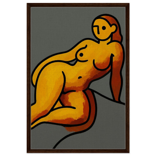 Minimalist nude portrait on framed canvas with bold black line art, yellow-orange fields, black wood frame