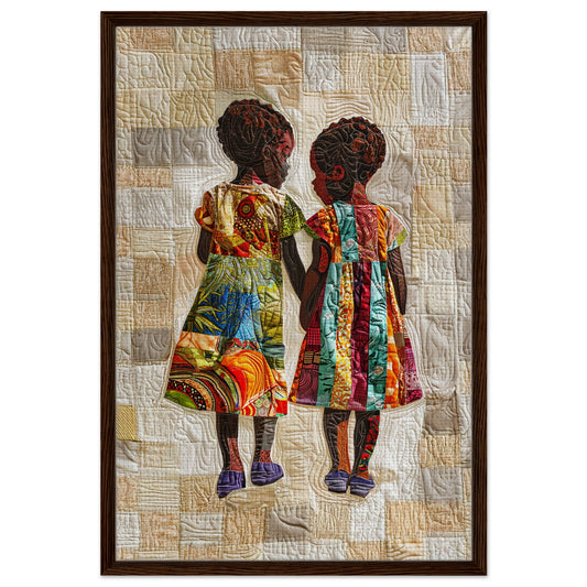 Two friends as child silhouettes holding hands, quilt-inspired patchwork on a framed canvas with a dark wood frame