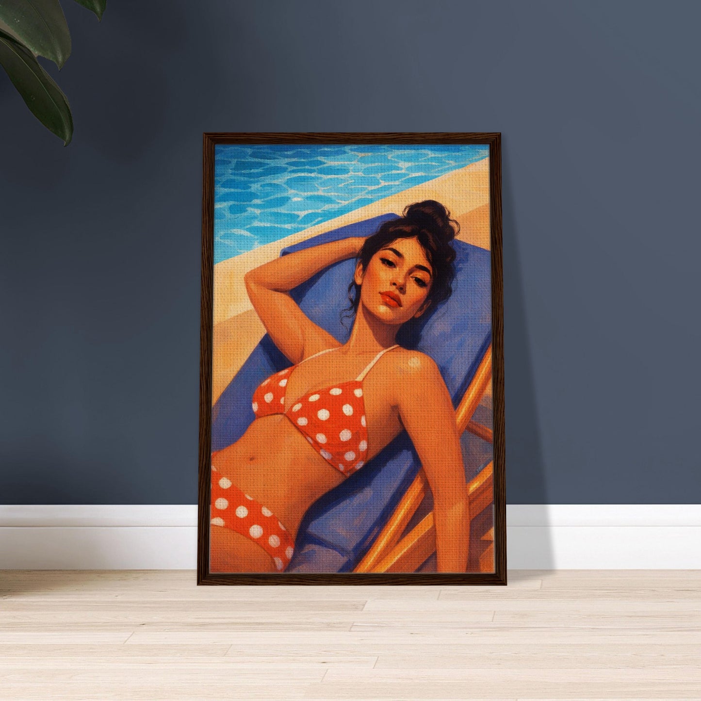 Poolside Muse Retro-Illustrative Framed Canvas - Pin-Up Style
