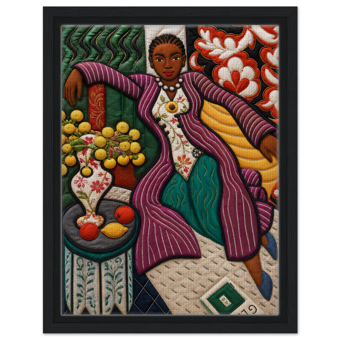 Citrus Lounge Framed Canvas Afrocentric Quilt-Inspired Portrait