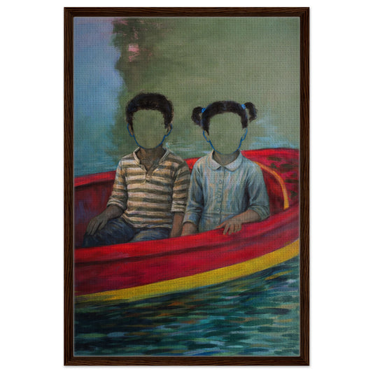 Painterly framed canvas, The Silent Crossing, faceless children in a red boat on teal water, vertical, dark wood frame