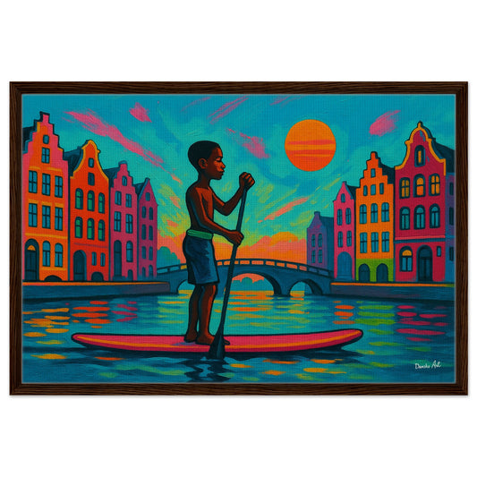 Fauvist framed canvas of a paddleboarder paddling through Amsterdam canal at sunset, below gabled houses and a bridge