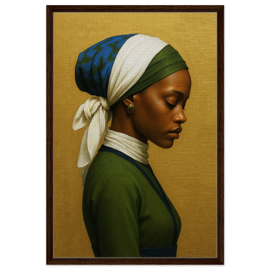 Afrocentric framed canvas wall art, Grace in Silence portrait of woman in profile with headwrap, gold background, wood frame