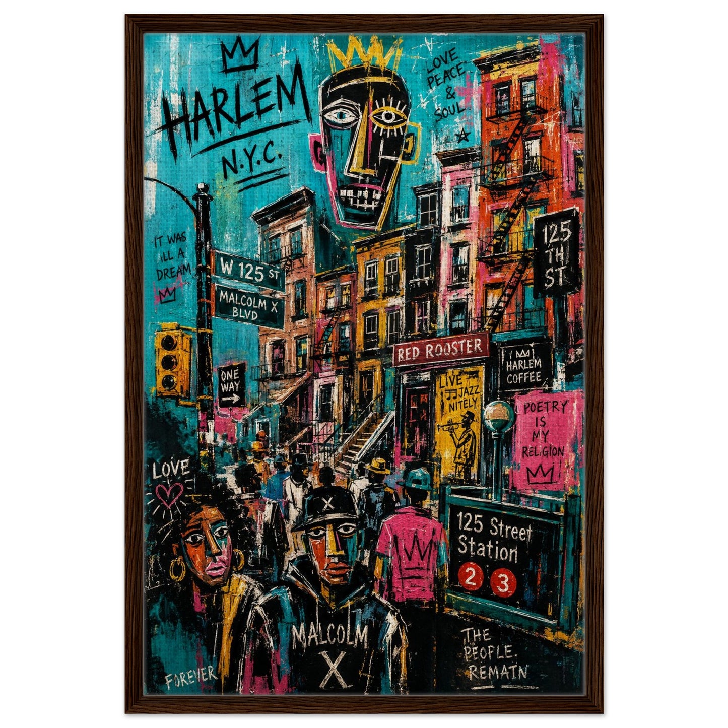 Basquiat-style Harlem street art poster of 125th St and Malcolm X Blvd with crowns, brownstones, and 2/3 icons