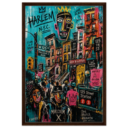 Basquiat-style Harlem street art poster of 125th St and Malcolm X Blvd with crowns, brownstones, and 2/3 icons