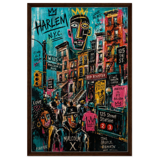 Basquiat-style Harlem street art poster of 125th St and Malcolm X Blvd with crowns, brownstones, and 2/3 icons