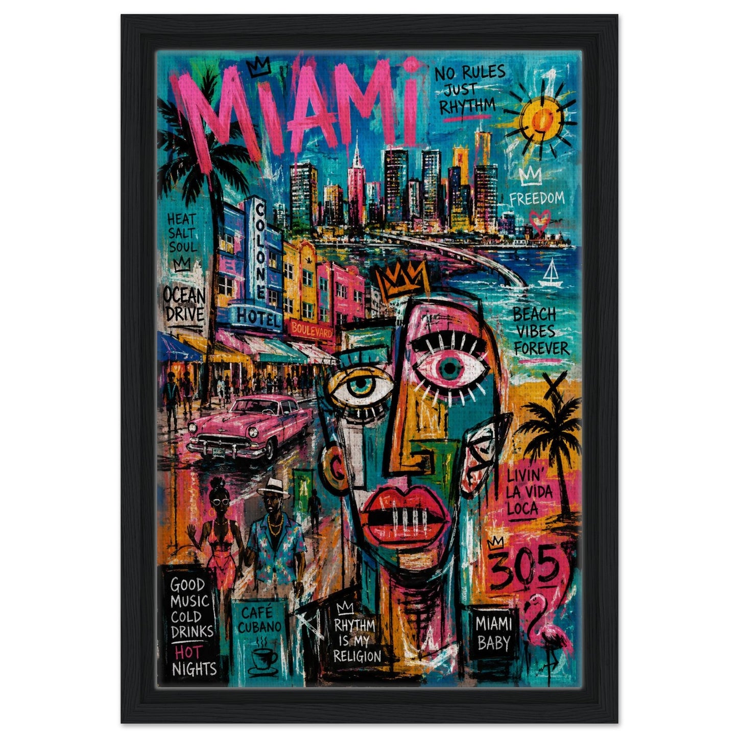 Miami Rhythm 305 Framed Canvas Neon-Graffiti Urban-Pop - Neo-Pop Style