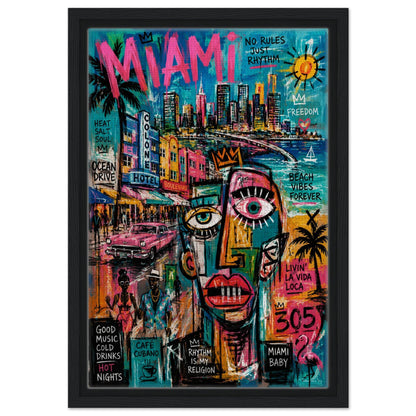 Miami Rhythm 305 Framed Canvas Neon-Graffiti Urban-Pop - Neo-Pop Style