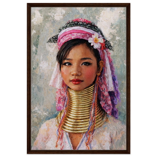 Kayan heritage portrait on textured framed canvas, black wood frame, realism with gold neck coils and floral headwrap.