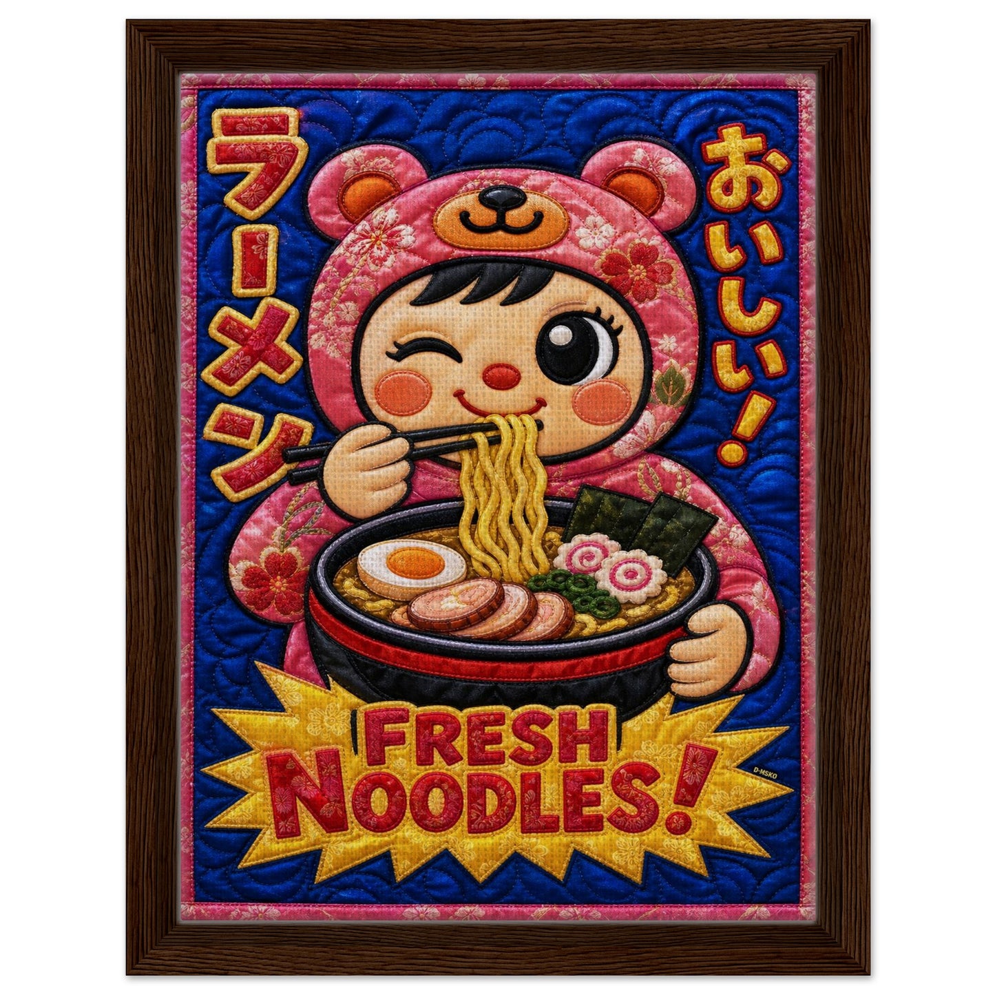 Fresh Noodles Framed Canvas Quilt-Inspired Kawaii-Style