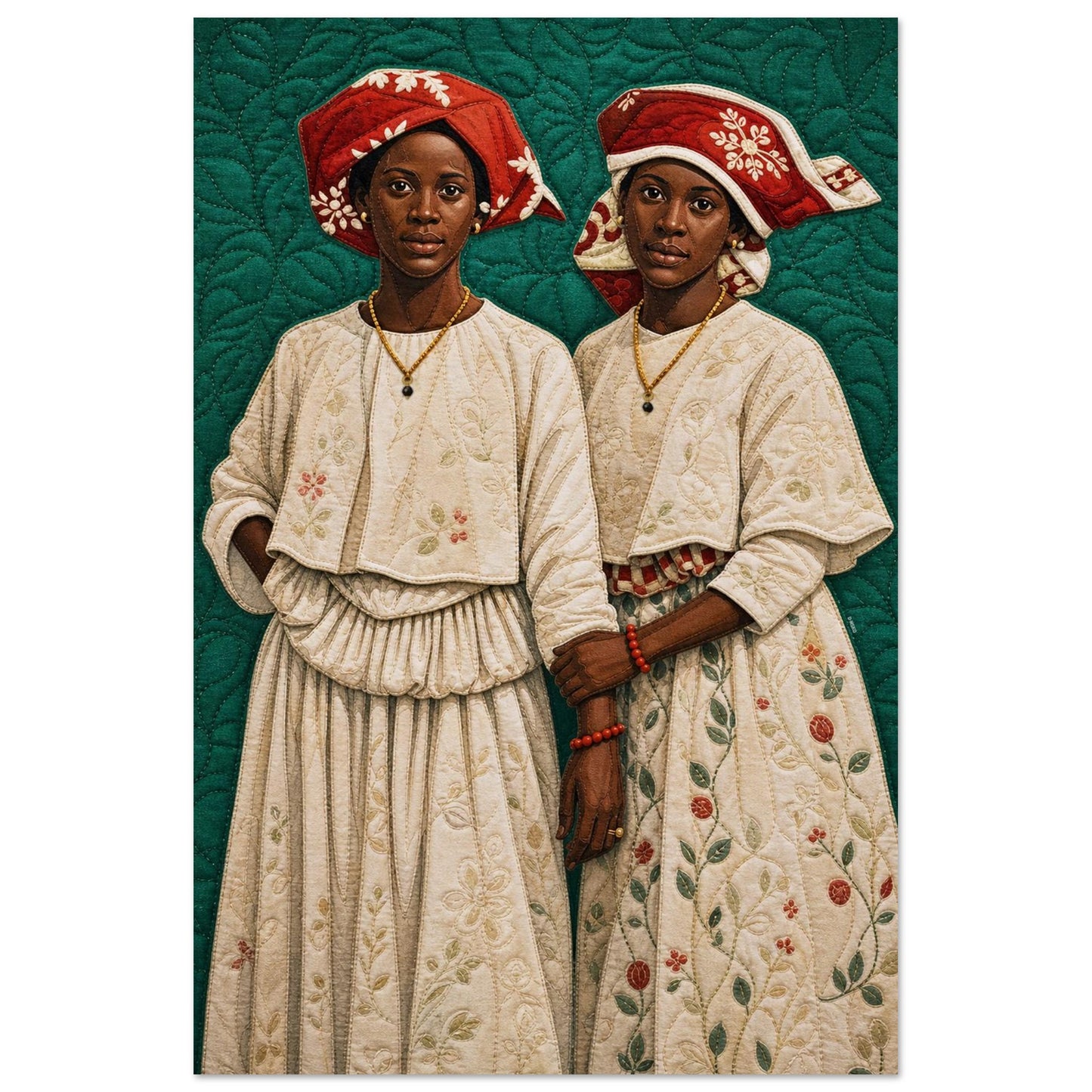 Two Black Surinamese women in Kotomisi dresses, quilt-inspired matte poster with red headwraps on deep green background