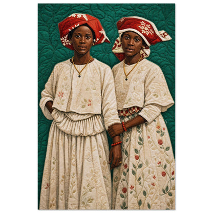 Two Black Surinamese women in Kotomisi dresses, quilt-inspired matte poster with red headwraps on deep green background