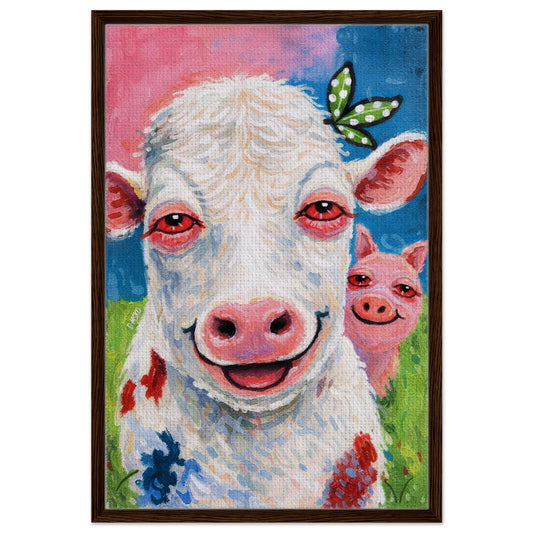 Framed canvas of a smiling cow, peeking pig, and green butterfly, floating through the day, too happy.