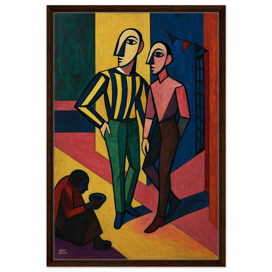 Divided Paths framed canvas, geometric Cubist scene with three figures, color-block panels, dark wood frame