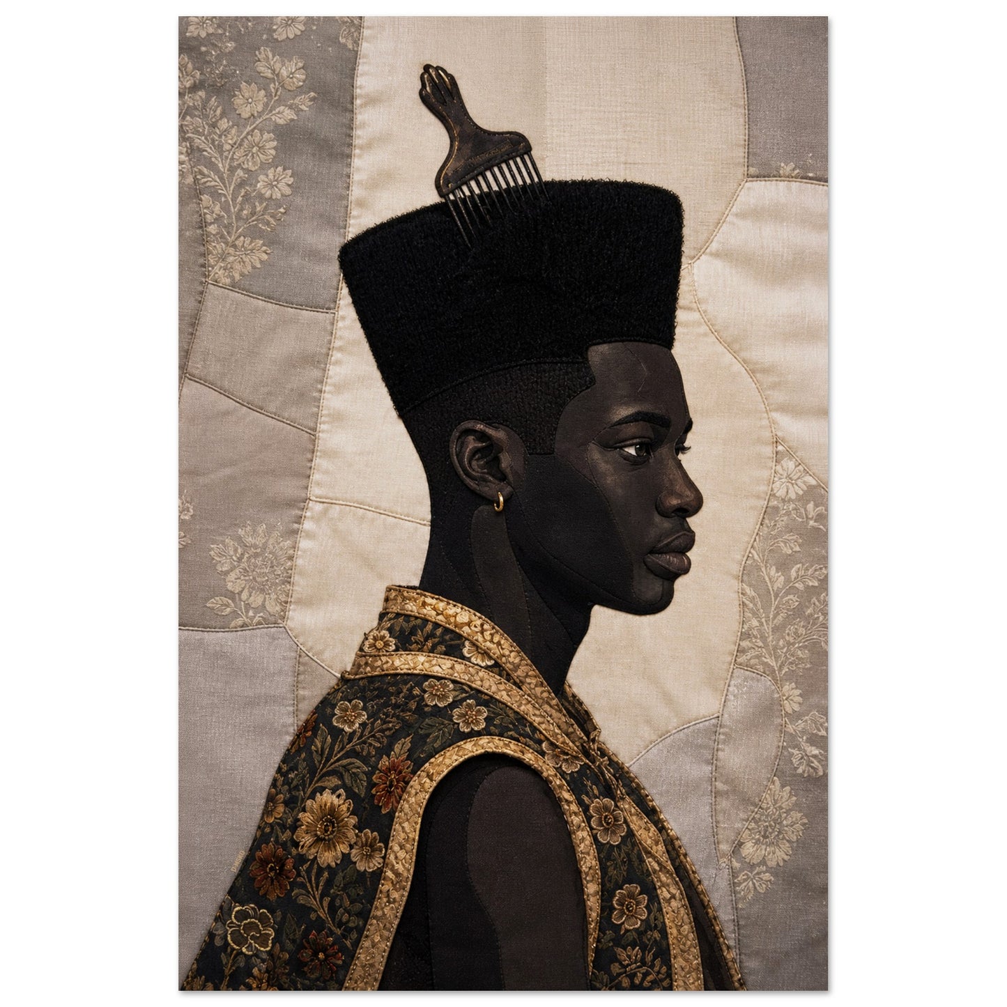 Black Man Afro Quilt Motif Matte Paper Poster in Bisa Butler Style