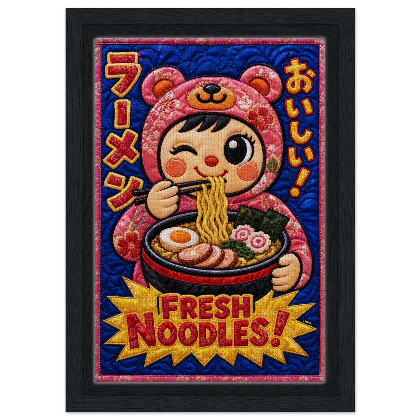 Fresh Noodles Framed Canvas Quilt-Inspired Kawaii-Style