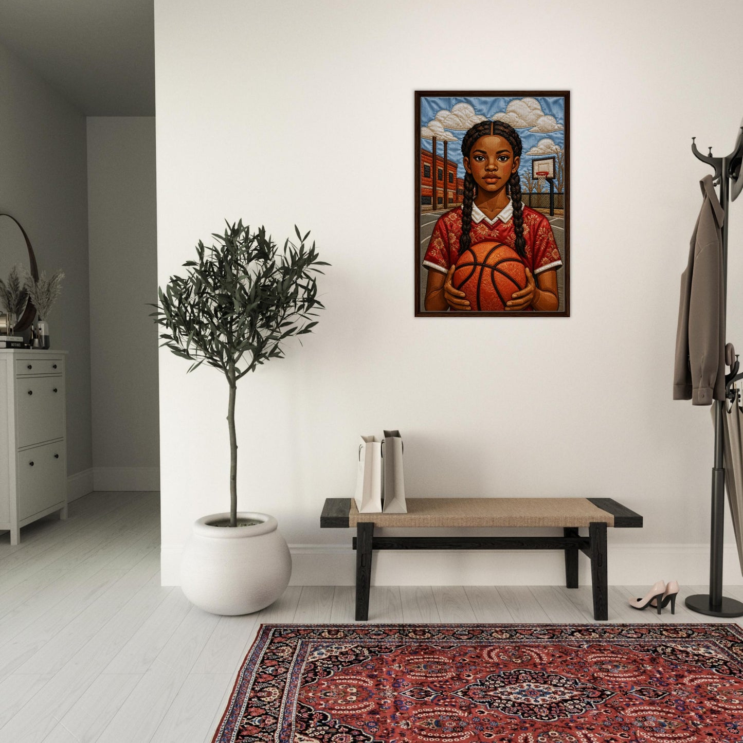 Museum-quality matte poster of quilt-inspired Black girl basketball