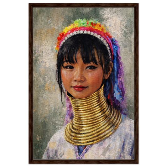 Weight of Tradition framed canvas, contemporary realist portrait with gold neck rings in black wood frame, vertical wall art