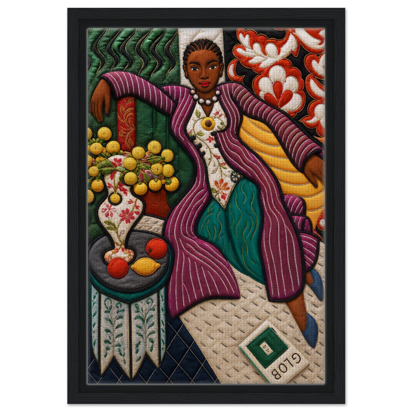 Citrus Lounge Framed Canvas Afrocentric Quilt-Inspired Portrait