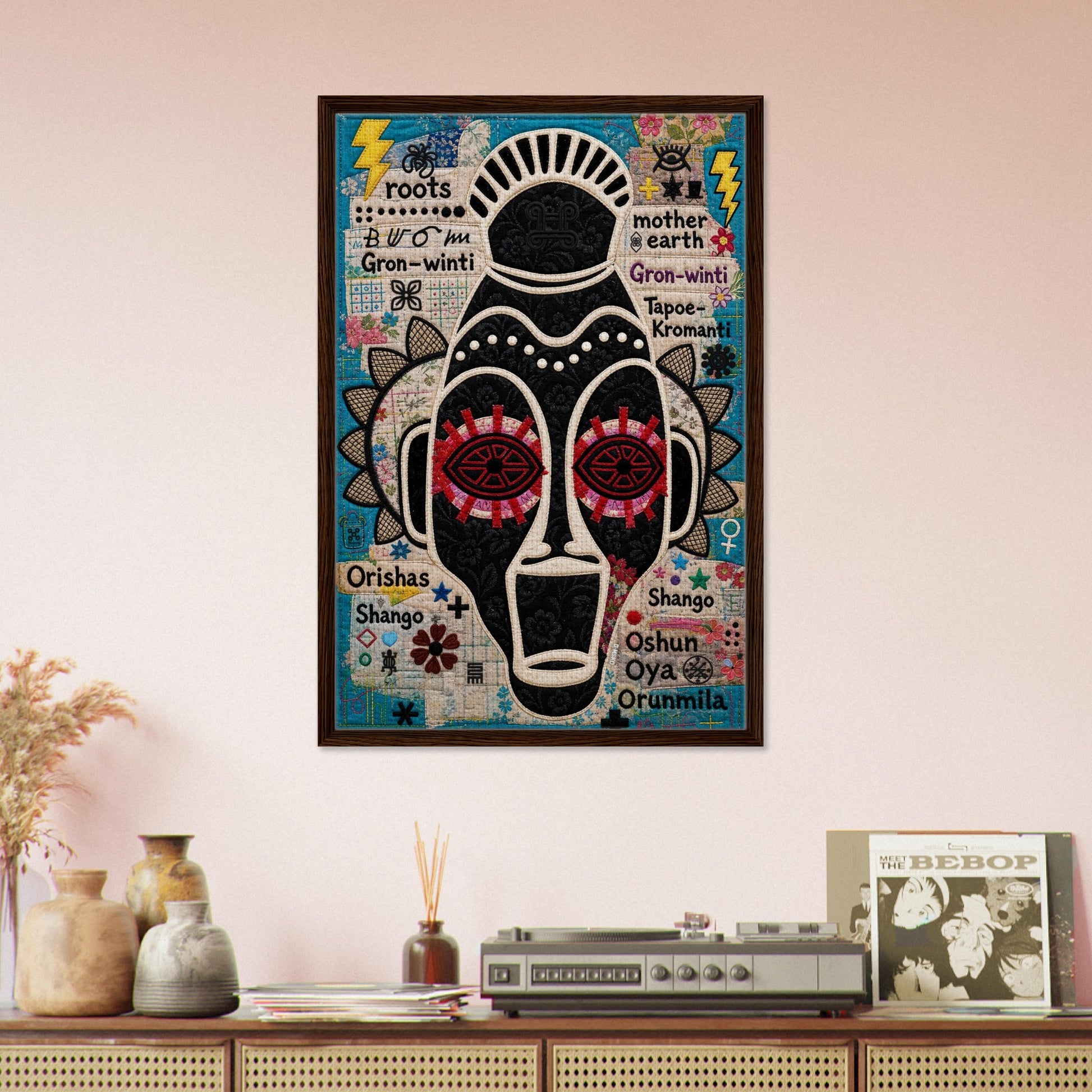 Ancestral Roots Mask Framed Canvas Quilted-Style - Yoruba Orisha Style