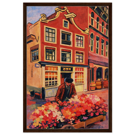Blooming Corner vintage framed canvas showing a European street corner with a flower vendor, dark wood frame, portrait