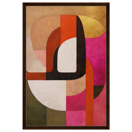 Layered heat-inspired geometric abstract framed canvas with a black wood frame and warm color blocks