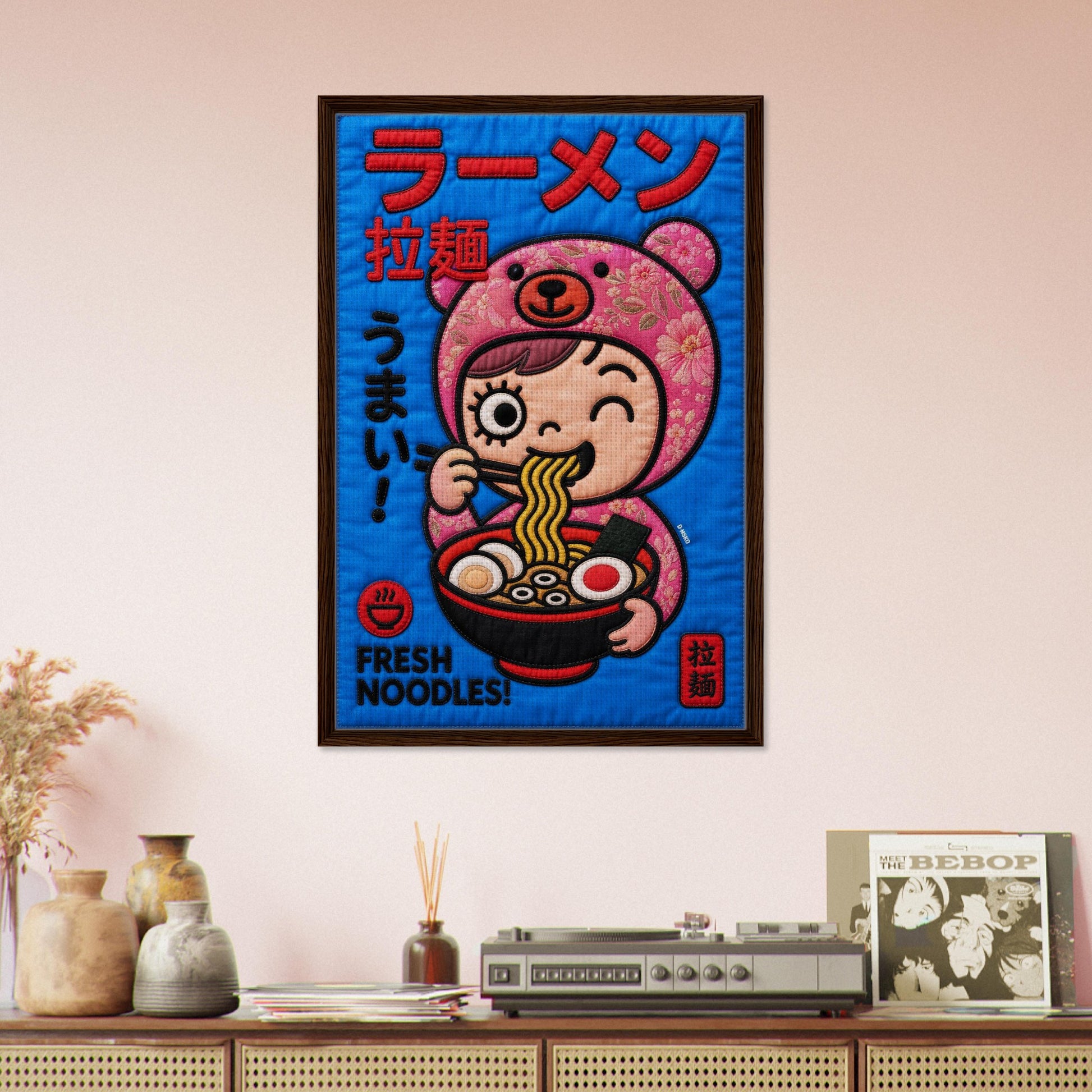 Kawaii Ramen Bear Framed Canvas Quilt-Inspired Pop-Art