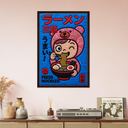 Kawaii Ramen Bear Framed Canvas Quilt-Inspired Pop-Art