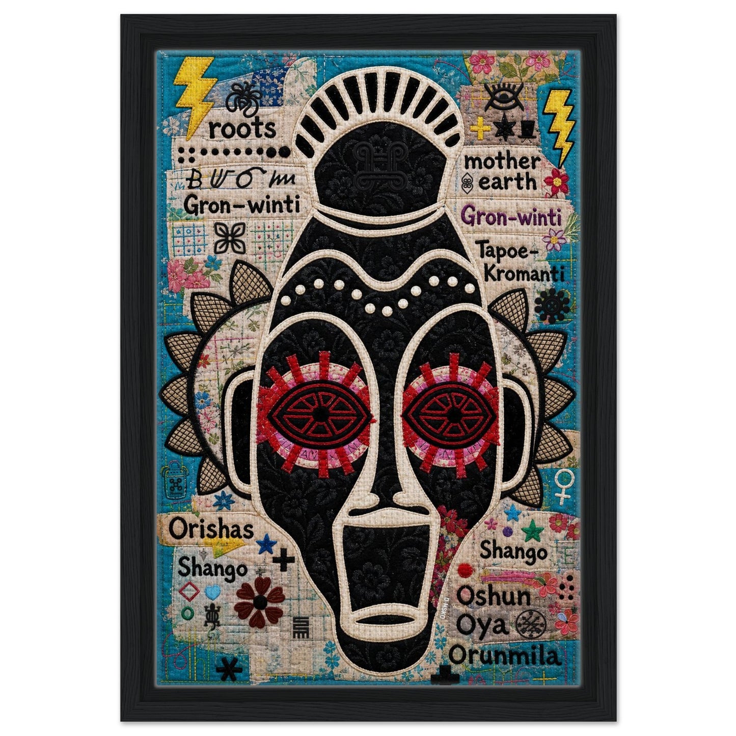 Ancestral Roots Mask Framed Canvas Quilted-Style - Yoruba Orisha Style