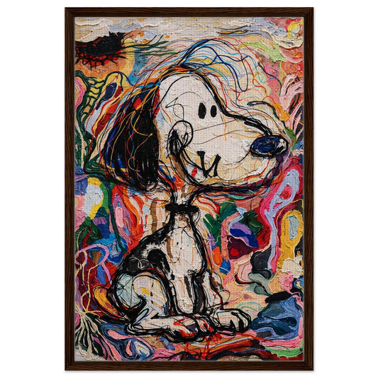 Chaos with a Tail framed canvas, impasto-textured colorful dog art in a dark wood frame, portrait orientation