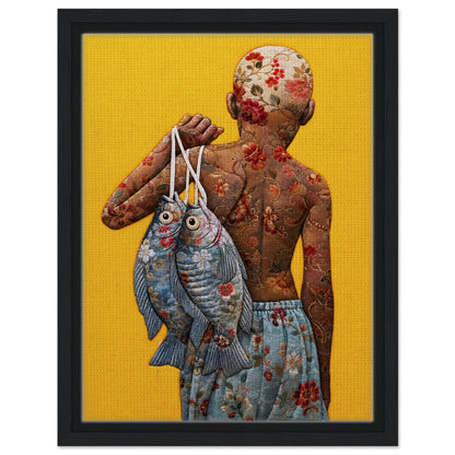 Golden Catch Framed Canvas Quilt-Inspired Folk-Art