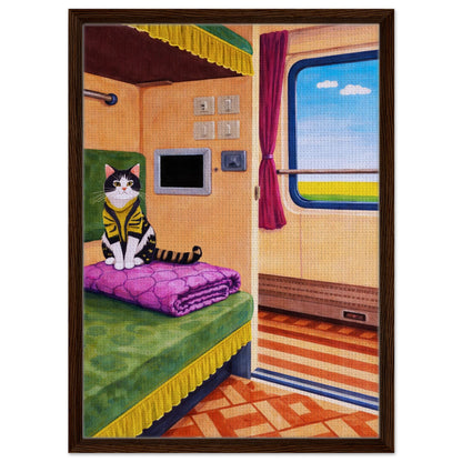 Cat on Train Framed Canvas Retro-Whimsical - Mid-Century Style
