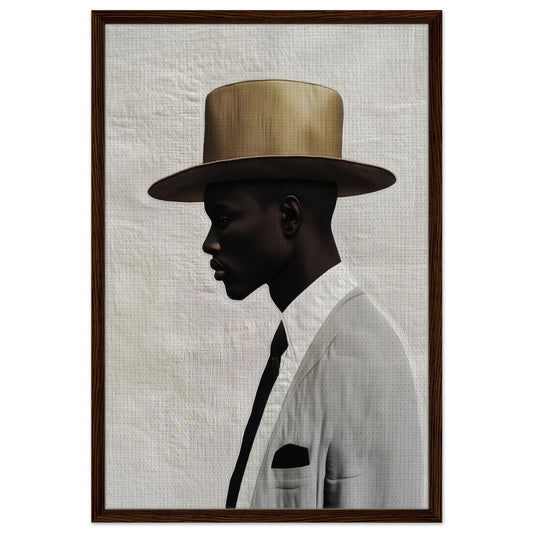 Profile silhouette in wide-brim hat on linen-textured framed canvas, evoking elegance and stillness in mid-century style
