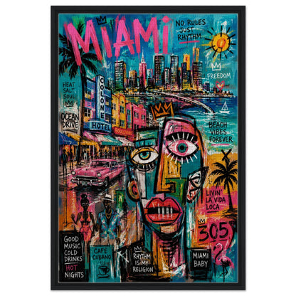 Miami Rhythm 305 Framed Canvas Neon-Graffiti Urban-Pop - Neo-Pop Style