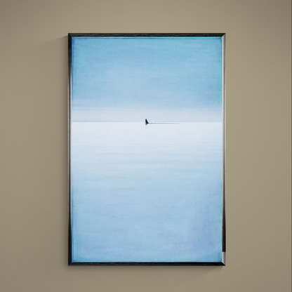 Minimalist beige and blue seascape poster with low horizon and distant fin silhouette