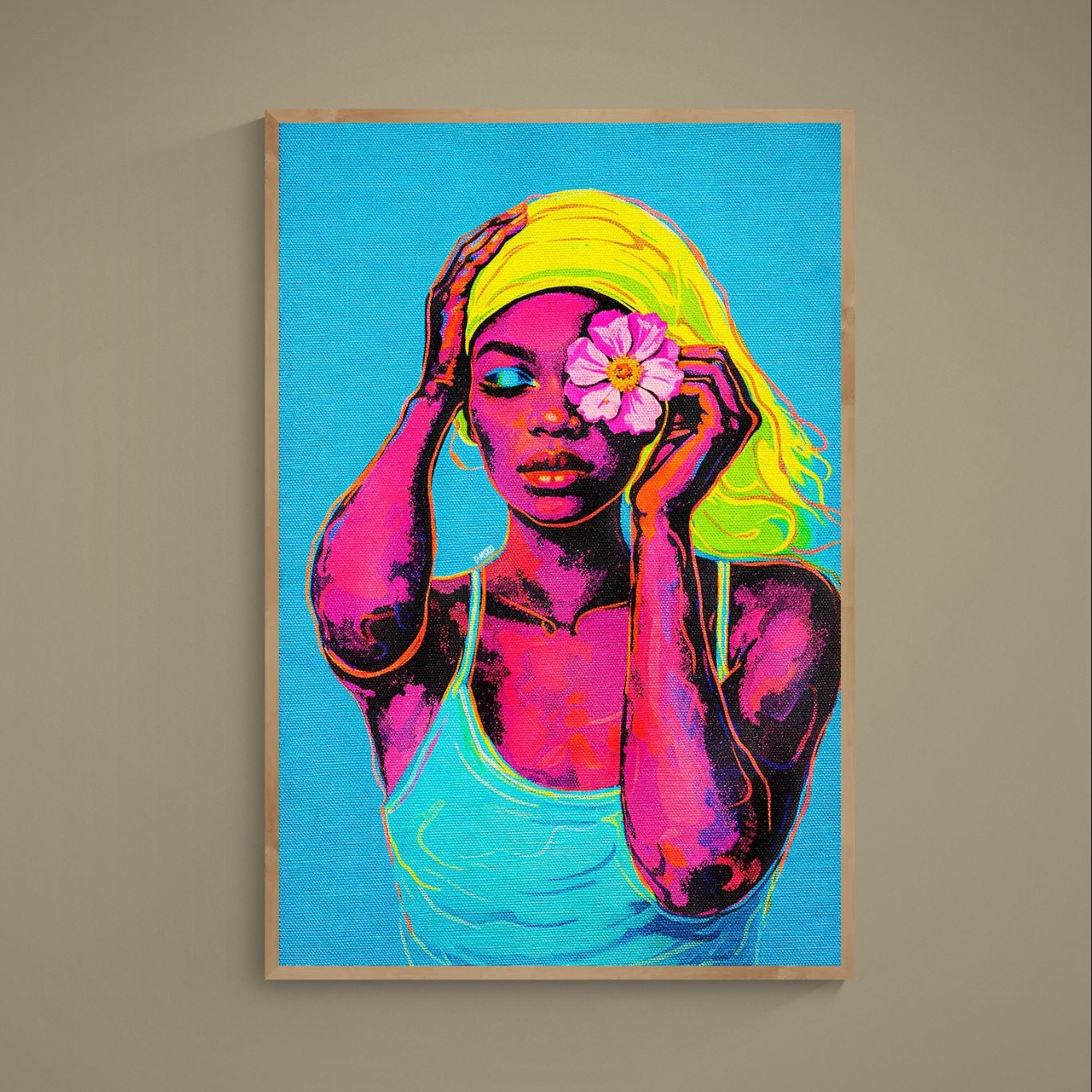 Neon pop art portrait of a woman holding a flower over one eye on a turquoise background