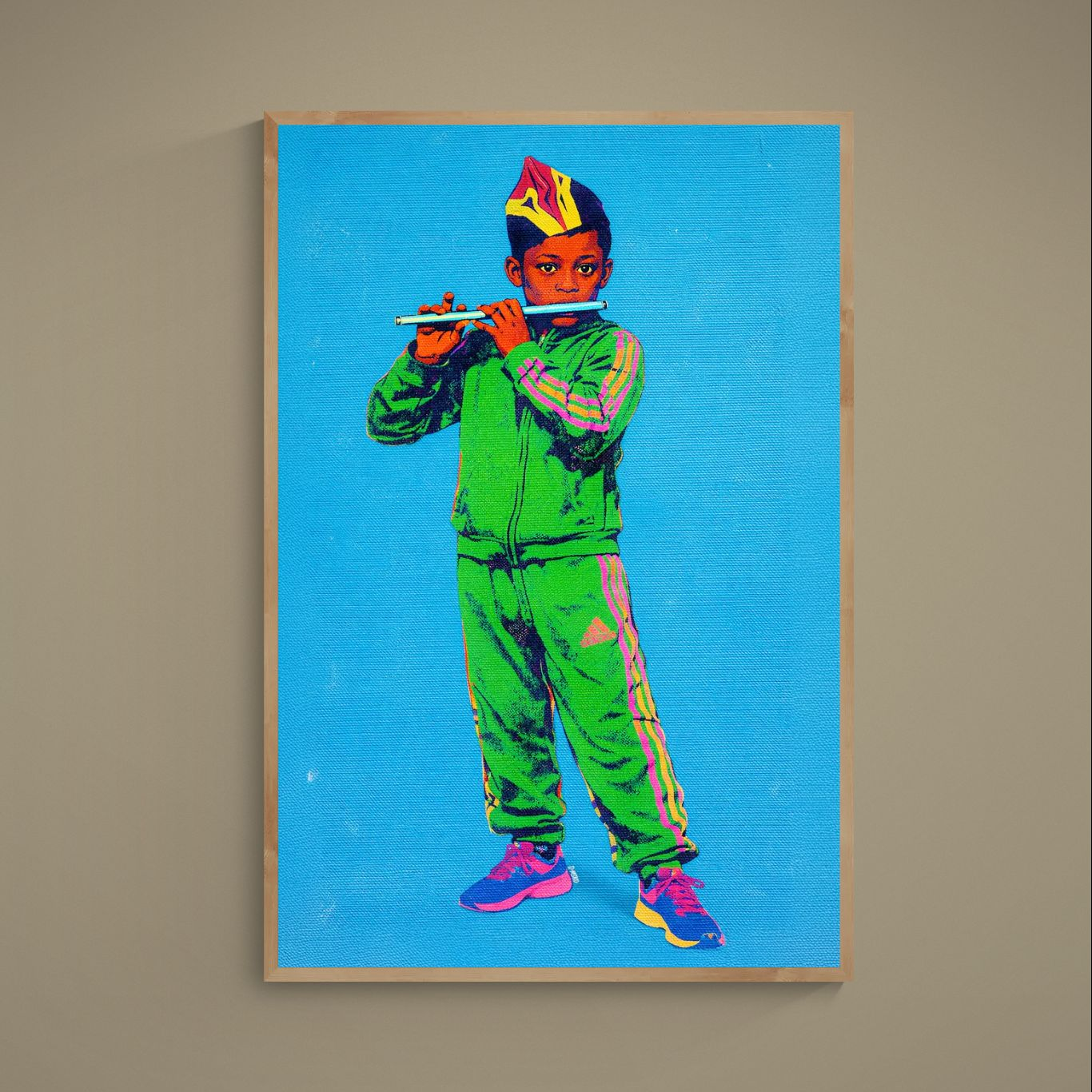 Pop art poster of a flautist in green tracksuit on blue background, shown in a thin wood frame
