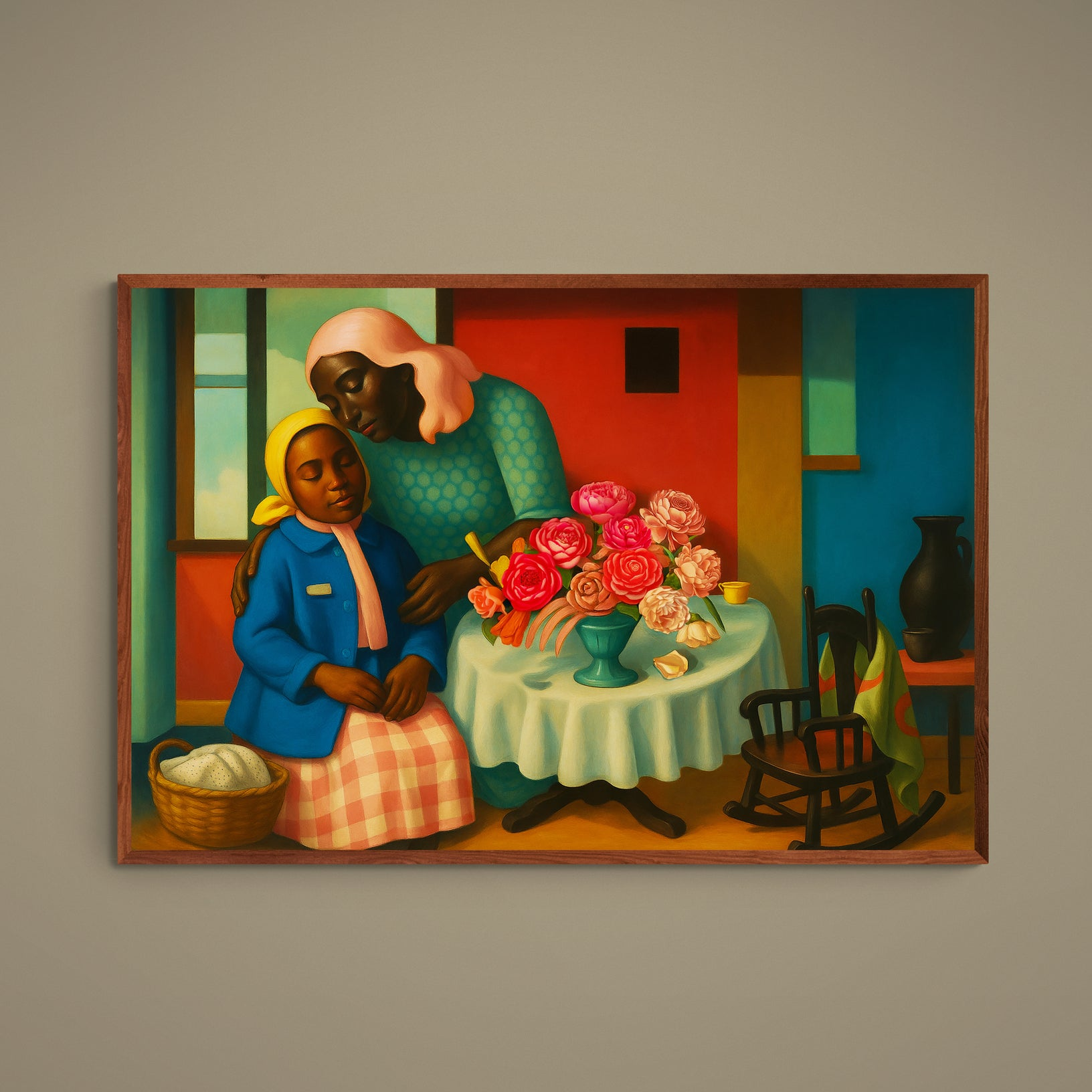Mother and child beside a vase of roses in a colorful modern figurative matte poster