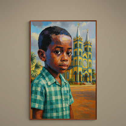 Boy in turquoise checkered shirt before a yellow twin-spired church in Suriname
